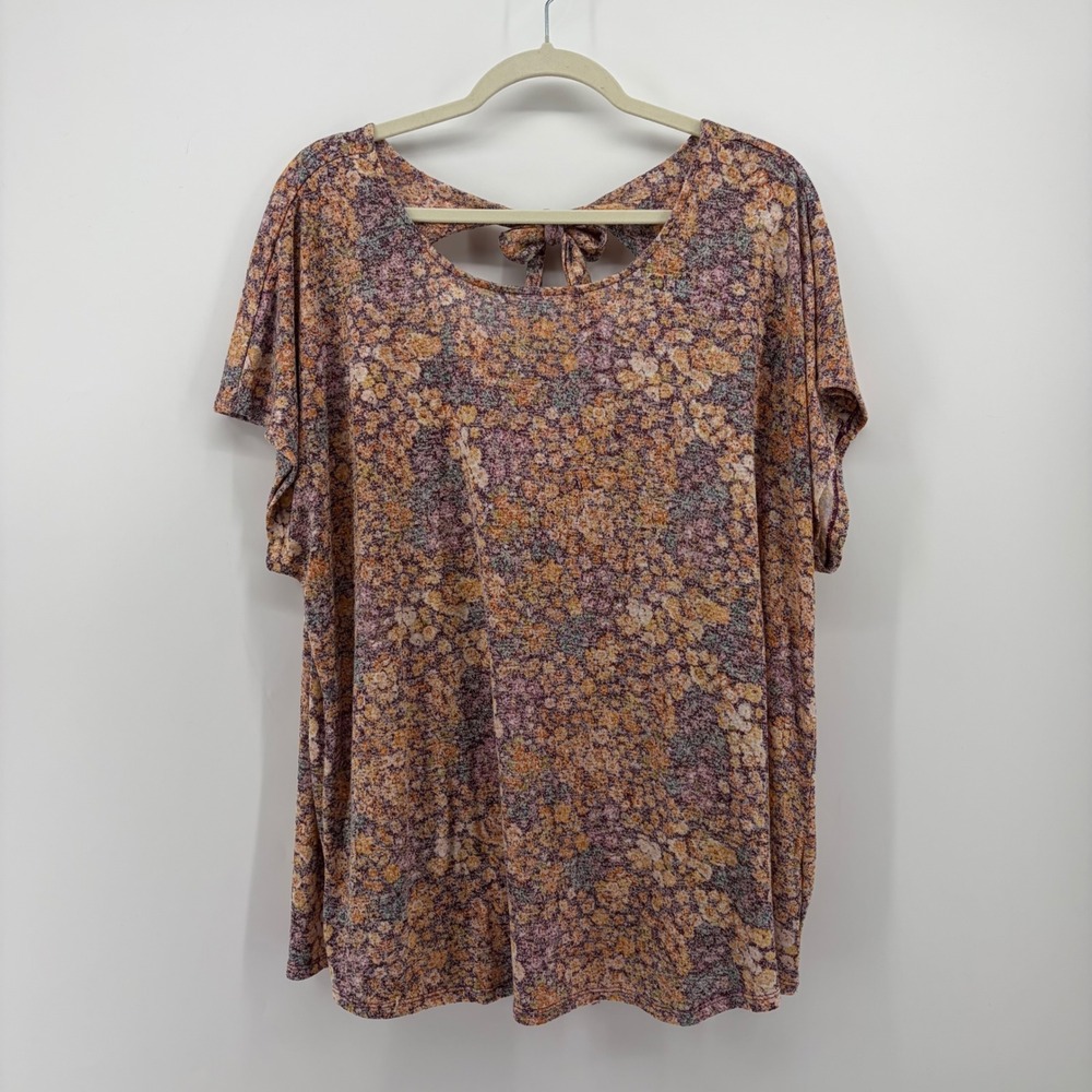 Cato Womens 22/24W Multicolor Floral Short Sleeve Keyhole Tie Back Blouse Top
